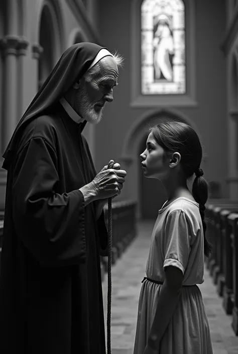 Create a black and white image of an old nun with a rope in her hand in front of a young crying teenage girl in a church 