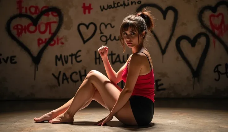 Polish slavic girl, brunette, slim, with large tits in a red tank top, black short skirt, beautiful, short ponytail, clenched fist of one hand showing jerk off gesture, sitting on the stage floor under the grafitti wall, legs curled up, knees wide, leaning...