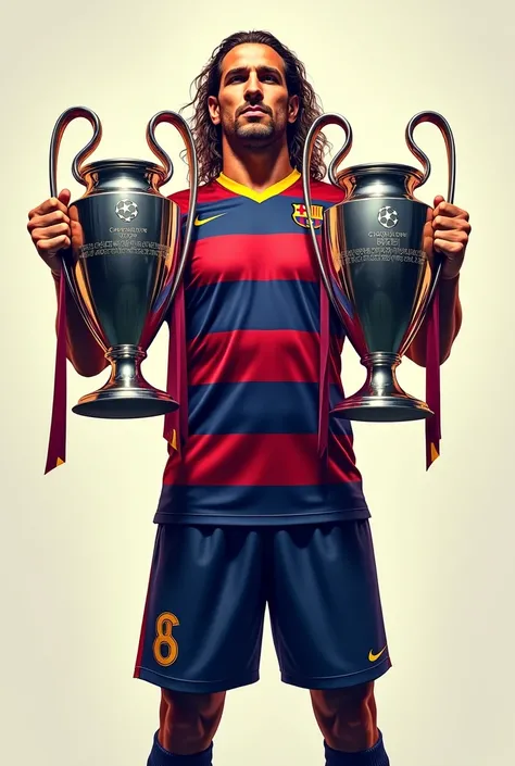 An image of Diego Forlán wearing the FC Barcelona shirt and showing two Champions Leagues