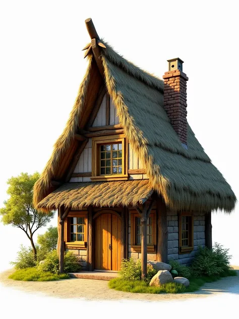 grandfather style grass house, white background, house colourful quality light best 4K