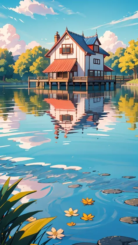 "a tranquil lakeside cottage, with a clear blue sky and soft clouds reflecting in the calm water. the vibrant, warm colors creat...