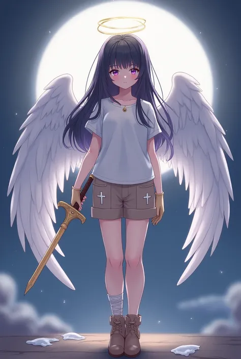 Girl with black hair, Fair Skin Girl, in a white t-shirt,light brown shorts, girl angel with white wings, moon necklace, bandages on the legs, purple eyes, flesh-colored gloves on hands, light brown boots under bandages, milky crosses on shorts, nimbus, Wh...