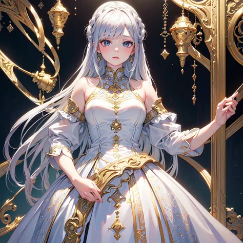 (8k、Best Qualityｋmasterpiece:1.2)、(Realistic、photoRealistic:1.37)、Very detailed、(((One child)))、A beautiful  girl with silver hair、White Armor、Very delicate depiction、Miniature painting、Facial detailing、Detailed depiction of hair、Accurate skeleton、Dress wi...