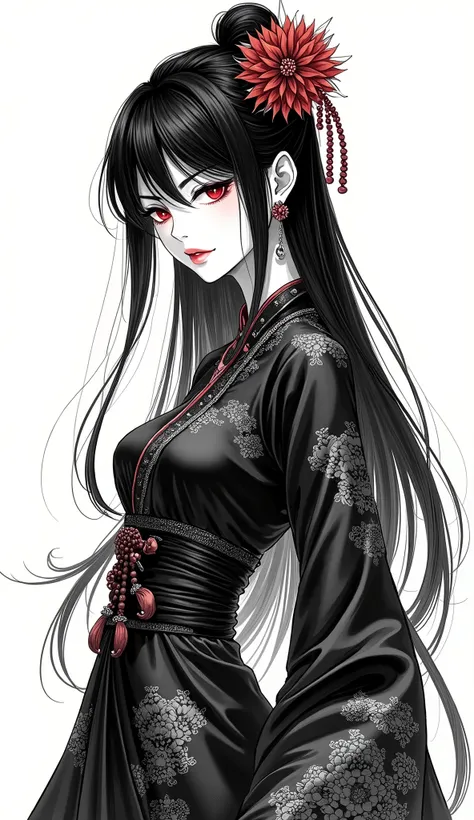 Monochrome manga illustration, elegant woman, striking features with meticulous linework, fierce yet contemplative expression, deep black ink contrasts enhancing delicate  details, flowing long hair cascading down shoulders, intricately designed attire ble...