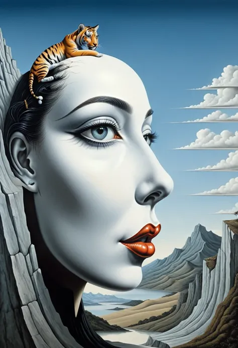 half tiger half woman on mountain - surrealist style, surrealist artwrok, dream like, Salvador Dali style, Rene Magritte style, highly detailed, masterpiece, painting-like, HD