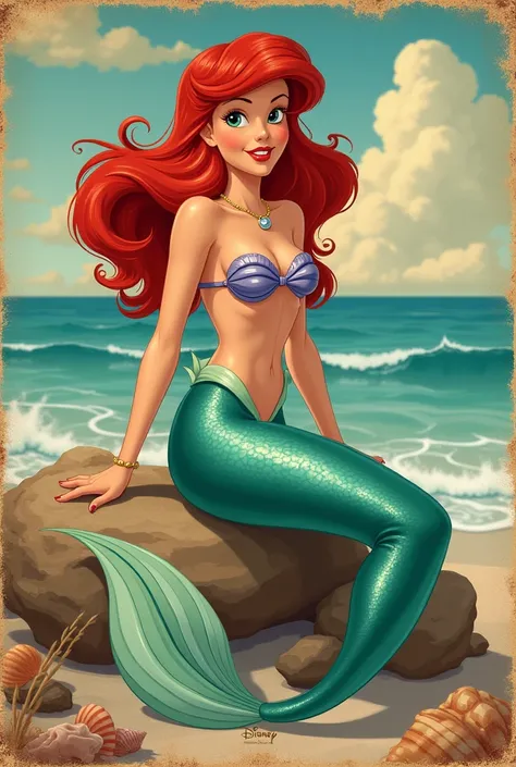 une affiche vintage en style pin-up des années 50, mettant en scène une version réimaginée dAriel, la petite sirène. Elle est assise sur un rocher au bord de la mer, ses cheveux roux volumineux ondulant dans le vent. Elle porte un haut de maillot de bain c...