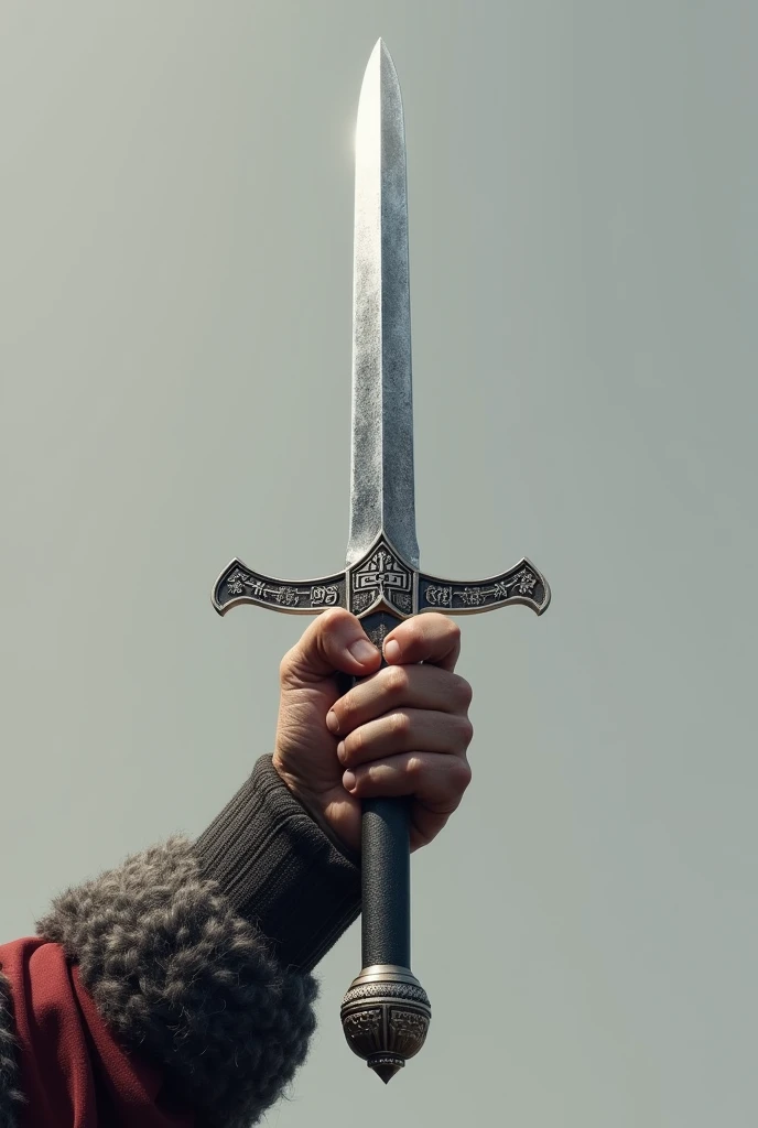 Viking longsword held towards the sky as a symbol of victory. Only the complete sword and the hand that wields it should appear in the image..