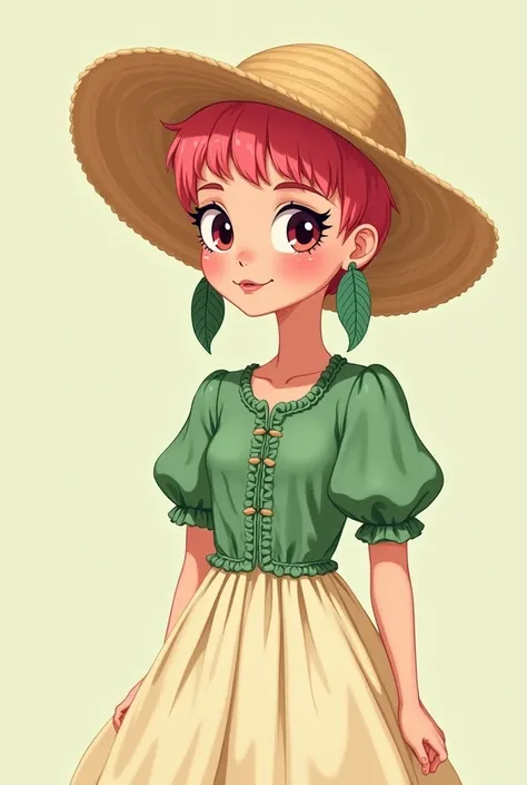 Cute girl with big leaf earrings, hot pink buzz cut, short pixie hair, green puffy sleeve dress with cream skirt, simple cartoon, glasses straw hat two dimension