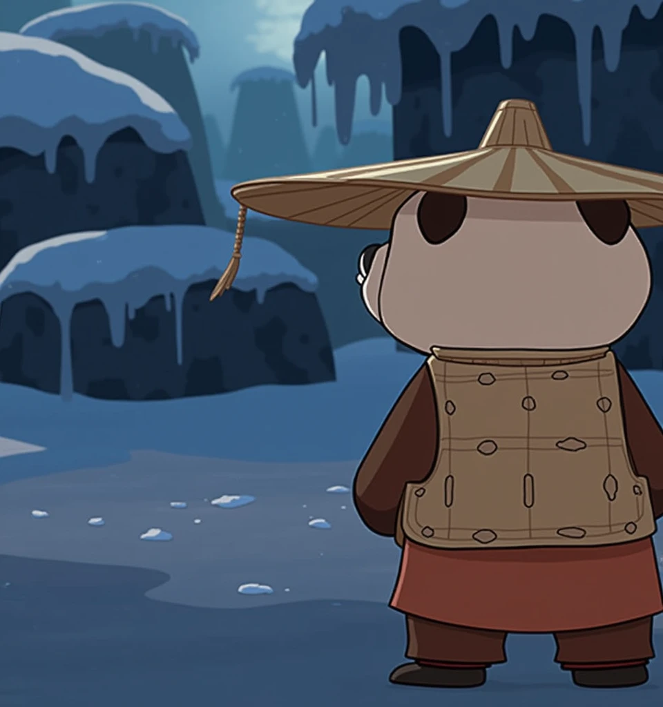 2.5,Cartoon，A Kung Fu Panda wearing a bamboo hat from the back，Wearing wooden armor，Snow，Snow，Back