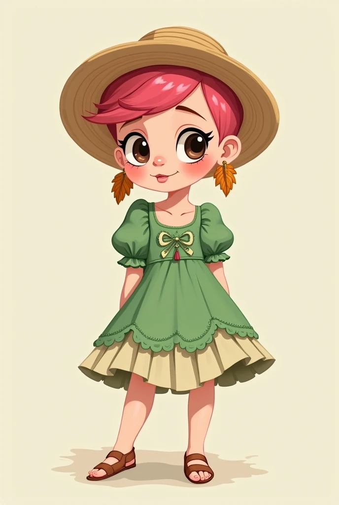 Cute girl with big leaf earrings, hot pink buzz cut, short pixie hair, green puffy sleeve dress with cream skirt, simple cartoon, glasses straw hat two dimension