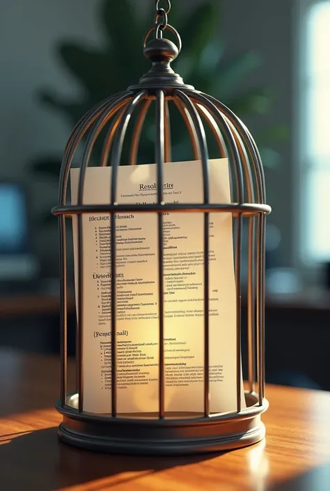 A bird cage with a professional resume inside and with professional data and written curriculum vitae wanting to fly