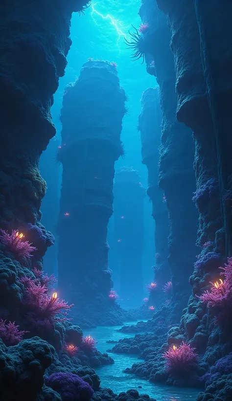 A labyrinth of massive, glowing coral towers rises from the ocean depths like the ruins of an ancient, forgotten civilization. Each coral pulses with electric hues of blue and violet, illuminating the abyss. Deep-sea creatures with bioluminescent eyes guar...