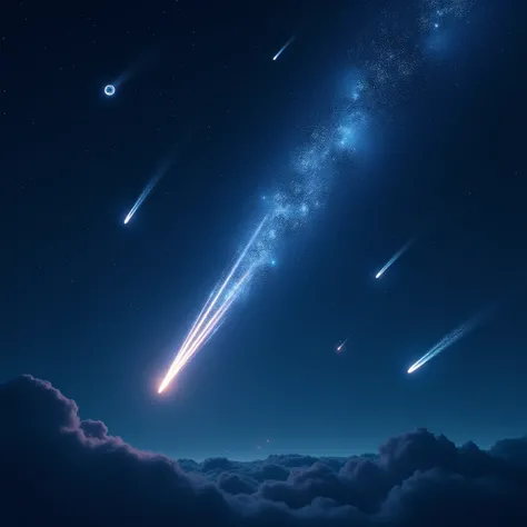 A photorealistic night sky filled with a shower of bright meteors streaking across a deep, dark blue backdrop. The scene features multiple shooting stars, each leaving behind a glowing, bioluminescent trail as they descend. One prominent meteor is breaking...