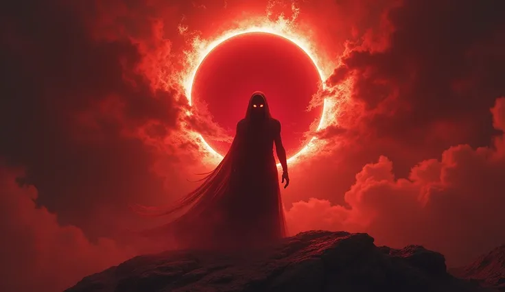 An evil dark being with red eyes in the middle of an eclipse at the end of the world. With red details all around 