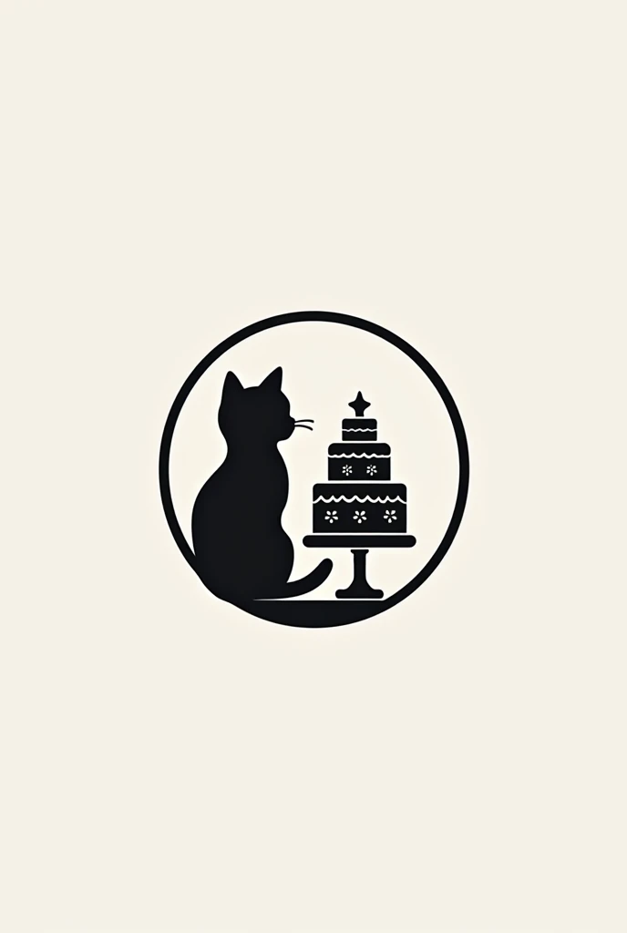 Create a minimalist logo of a kitten with a more minimalist black and white cake, round logo, I liked it but the cake was missing