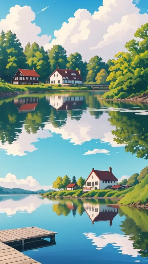 "A tranquil lakeside cottage, with a clear blue sky and soft clouds reflecting in the calm water. The vibrant, warm colors create a peaceful and inviting atmosphere, perfect for a serene escape."