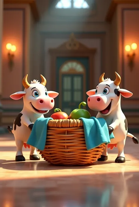 a basket made of vegetable fiber covered with a blue cloth, between two cows in the hall, 3D cartoon style , cinematic