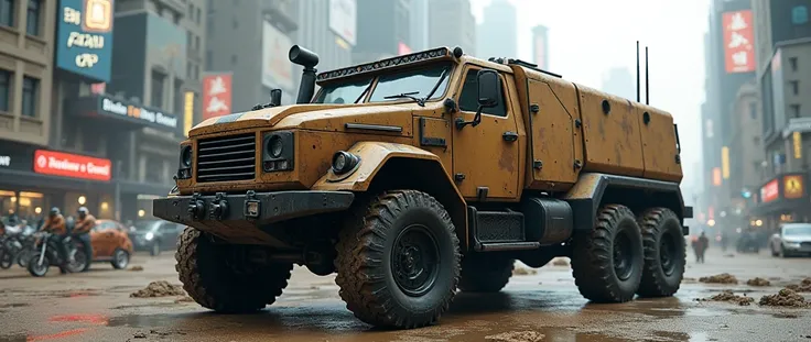 (photorealism:1.2), cyberpunk futuristic 4x4 military truck, light brown cammouflage painting, heavy armored,