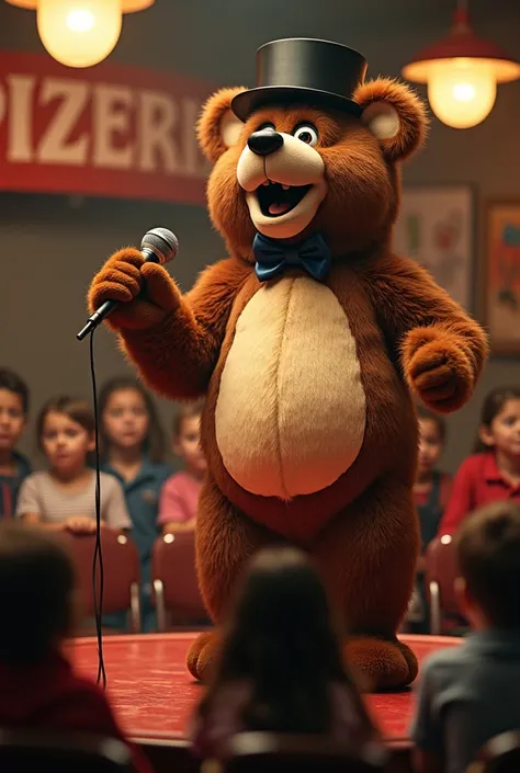 An animatronic from the 80s an anthropomorphic brown bear mascot a beige spot on the belly wearing a black top hat black bow tie the animatronic on the pizzeria stage children sitting watching the animatronic singer&#39;s show holding the microphone a show...