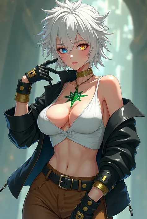 Make an anime character"high quality" "high resolution"(woman)with white hair that is kind of spiky with one blue eye and the other golden he wears a kind of leather jacket and a white dress shirtleather gloves with lead gold details brown pants and black ...