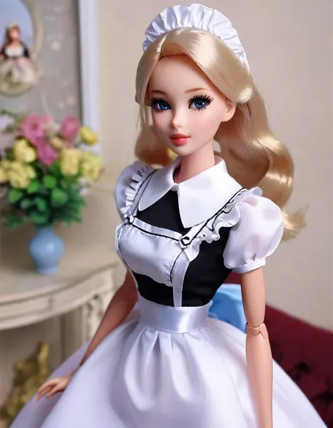 (masterpiece, best quality: 1.2), 1 barbie,doll，colloid， exquisite eyes, wide hips, colloid皮肤，(wearing maid dress)，huge natural ...