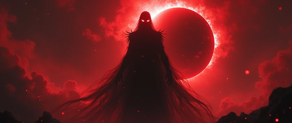 An evil dark being with red eyes in the middle of an eclipse at the end of the world. With red details all around 