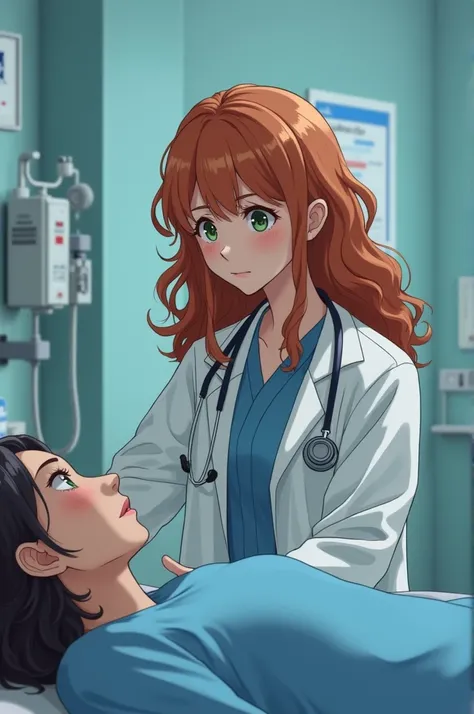 A girl dressed as a doctor with long curly copper hair is in a hospital room looking at a patient who is lying down