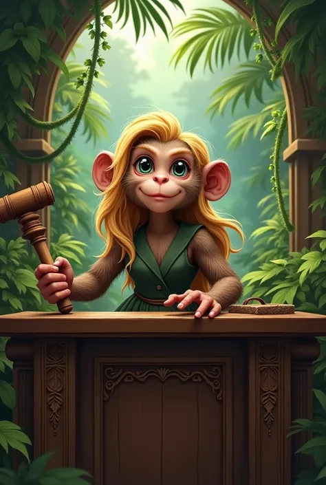 A female monkey judges in a lush tropical courtroom, with a hammer in his hand and long blond hair