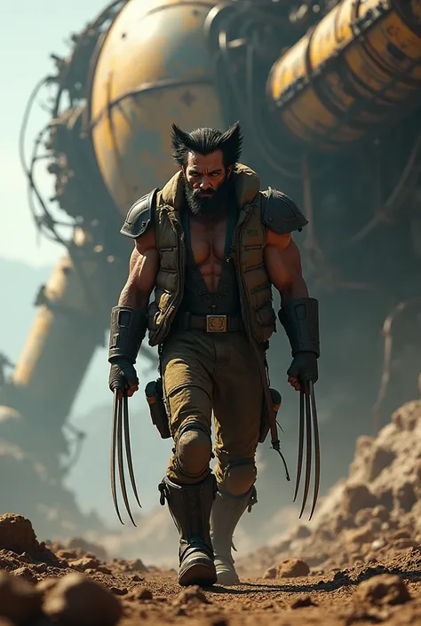 Wolverine in a post-apocalyptic wasteland, close-up view of a derelict space station, highly detailed, cinematic lighting, dramatic colors, intricate mechanical details, rusted textures, dynamic camera angle, complex atmosphere, gritty realism, masterpiece...