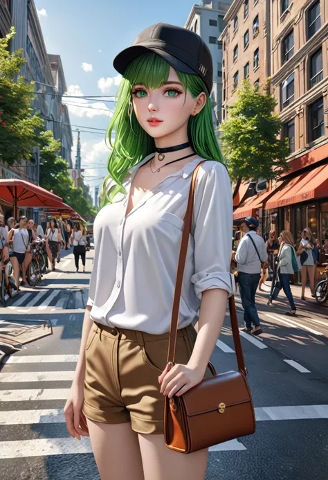 a masterpiece of a girl with white and multicolored hair in a white shirt and casual outfit, wearing a black choker and hat, holding a bag, with green eyes, standing on a busy city road, (best quality,4k,8k,highres,masterpiece:1.2),ultra-detailed,(realisti...