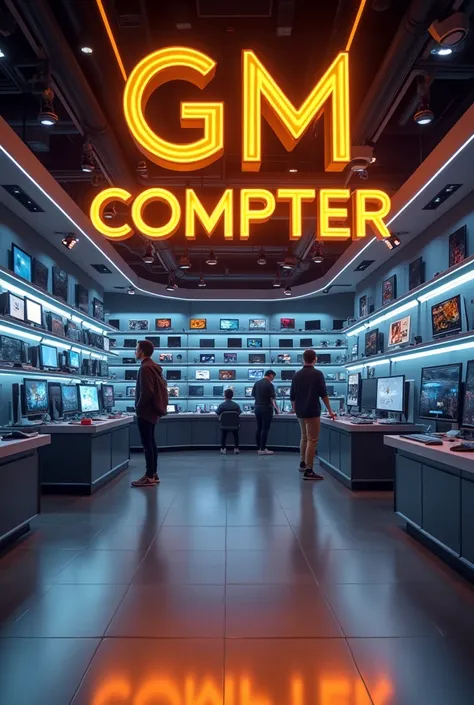 Create an image of an office selling computers with many visible on shelves. Write the name GM COMPUTER in 3D lettering with glowing gold color."