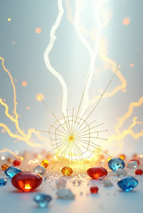 White background with spiderweb surrounded by electricity and red yellow blue gems. Yellow and blue electricity. 