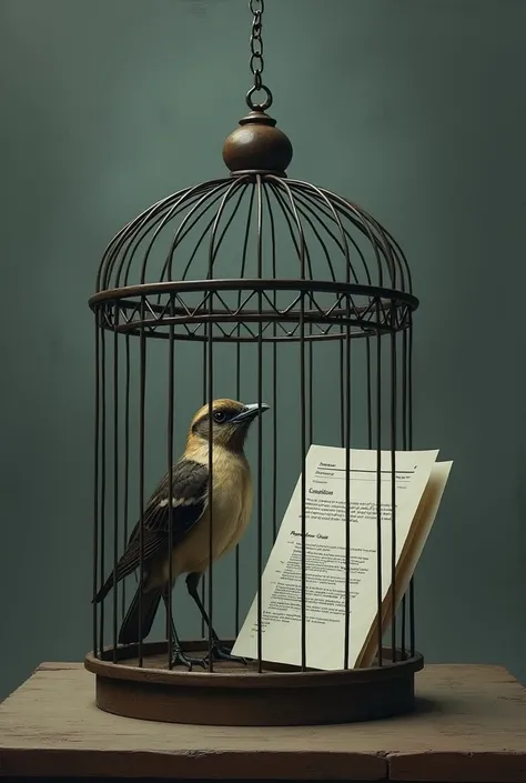 A sad bird cage with a professional resume inside and with professional data in Portuguese and written curriculum vitae wanting to fly