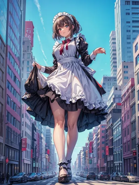 ((girl in a giant maid outfit))　(((a giant girl is walking between buildings))) 

composition seen from below blue sky, thunderc...