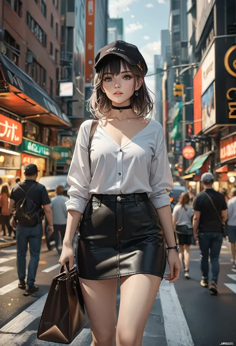 a masterpiece of a girl with white and multicolored hair in a white shirt and casual outfit, wearing a black choker and hat, holding a bag, with green eyes, standing on a busy city road, (best quality,4k,8k,highres,masterpiece:1.2),ultra-detailed,(realisti...