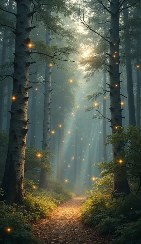 Capture a surreal forest scene where stars fall like leaves, blending with nature. The stars drift softly, glowing in silver and gold, while trees with silver bark reflect the soft light. The scene combines cosmic beauty with the tranquility of nature’s sl...