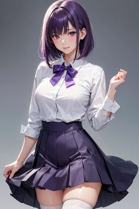 Best Quality,High resolution,8k,(plain white background, no patterns, no textures, just a plain white background:1.3),Masterpiece:1.2),beautiful girl,Big Breasts,(Shiny purple hair:1.3),bob cut,Beautiful purple eyes,Depict a Japanese high school girl. She ...