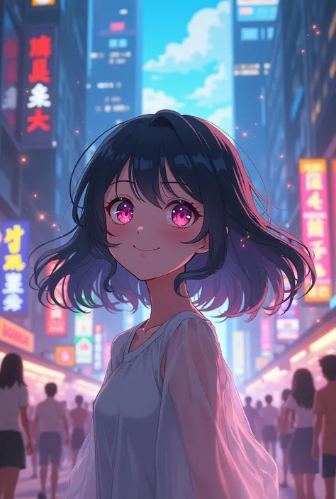 Anime style of an ethereal girl with large, expressive eyes with smile, and colorful, flowing hair, set in a vibrant, dynamic urban environment with supernatural elements, by Hayao Miyazaki and Akira Toriyama, cinematic composition