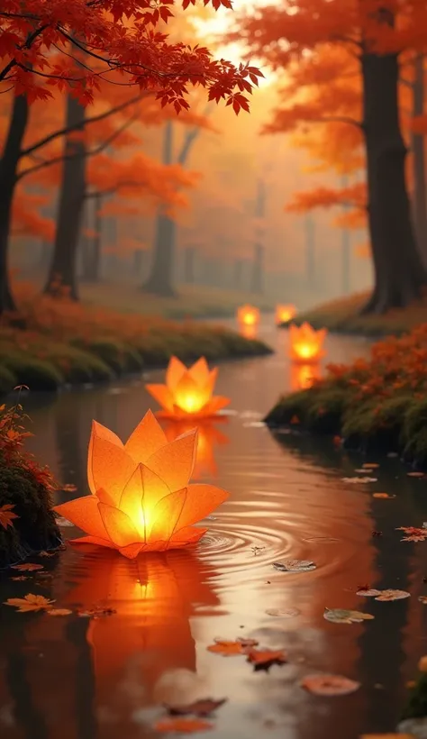 Lanterns shaped like autumn leaves gently float down a small stream. The glowing lanterns give off a soft golden light, reflecting off the water’s surface, surrounded by trees shedding their leaves in vibrant orange and red tones.