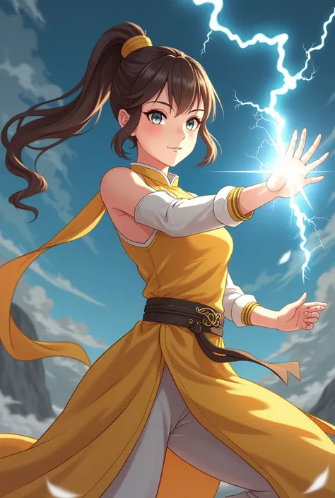 Full body image of anime teenage girl has briwn ponytail hair and grey eyes, bigger bust size looks more mature. Kind and smiling on face. Wears sleeveless yellow warrior hanfu. Uses lightning magic