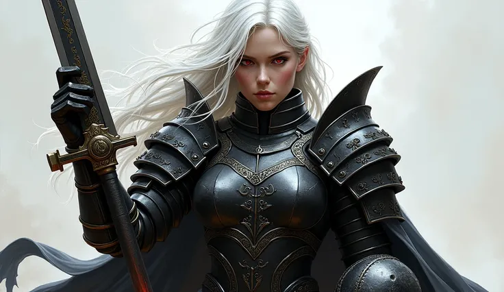 ((best quality)), ((work of art)), (detailed), woman with long white hair, of red eyes, wearing heavy black armor, with the helmet in one hand, and a long sword in the other. 