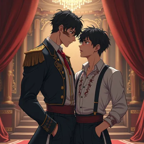 Make an anime style boy, muscular with black hair and eyes, that he has a scar on his right eye and arm, that has royal servant clothes and is somewhat fun but is afraid of relationships, next to a thin boy, black hair with red eyes who is shorter and omeg...