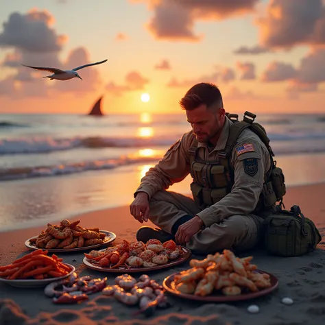 Us soldier qui pic nic sur une plage de deauville un plateau de fruit de.mer au coucher de soleil... au loin un aileron de requin et une mouette et la lune rose