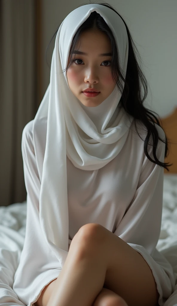 young asian girl in white hijab (masturbation.) gadis  berkacamata masturbation. plain naked hijab. fair skin. beautiful sweaty face. blushing pink cheeks. firm and supple breasts. wet hijab. sweaty wet breasts. her legs spread. vagina looks clean without ...