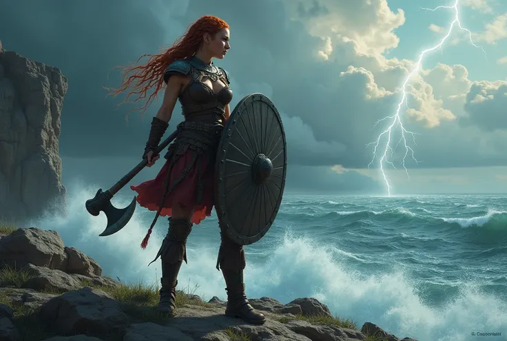 Viking teenage shield maiden girl, braided red hair, enormous breasts, slender figure, leather viking armor, battle axe in one hand and shield in the other hand, on cliff side, stormy weather, lightning,