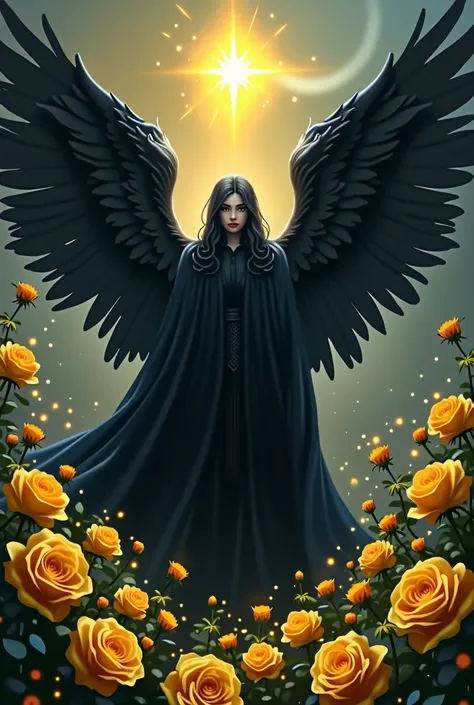 Dark angel surrounded by yellow roses and a star 
