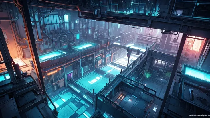 Create a scene of an abandoned futuristic laboratory, with plants and colorful lights scattered around the place at night, look at the view from above