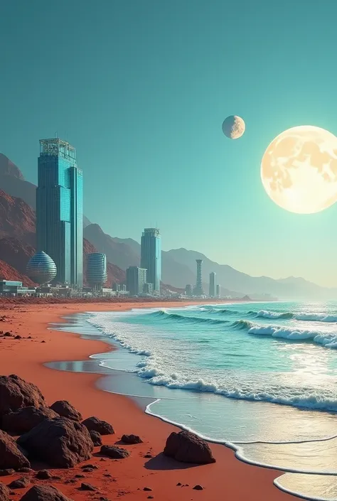 Terraformed Mars with a blue sky, with realistic-sized sun seen from Mars, the realistic sized moon phobos in the sky, is half the size of the sun seen from Mars, a glass colony with a futuristic city and a beach with waves near the colony 