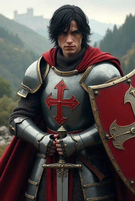 Templar Knight, medieval armor, sword in hands, Templar shield. medium black hair, straight wavy hair, Young man.