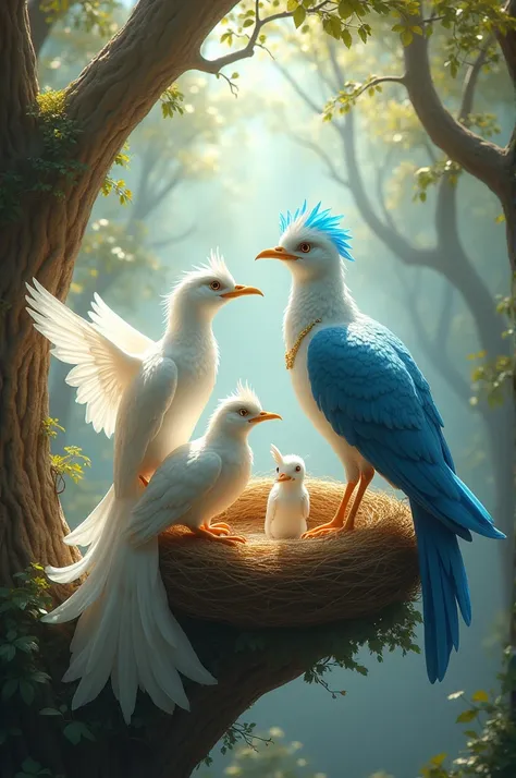 Two beautiful birds living in the heaven, the young lady bird has white wings and looks like fare.she puts valuable ornaments, her husband is a handsome bird and he has blue wings. They looks lik quine and king.they have a son looks like prince, they live ...